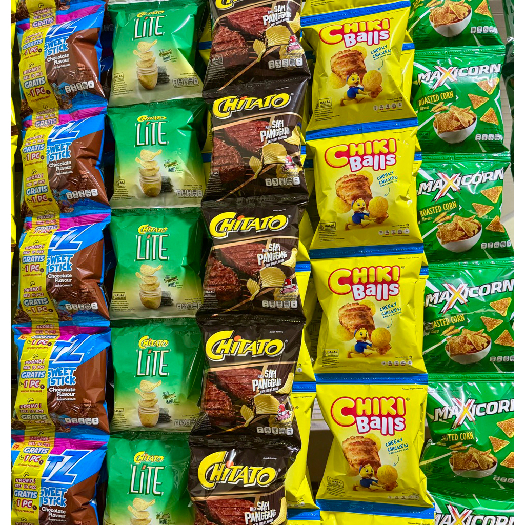 

Chitato Qtela Chiki Ball Jetz Maxicorn Chiki twist renceng ECER per renteng