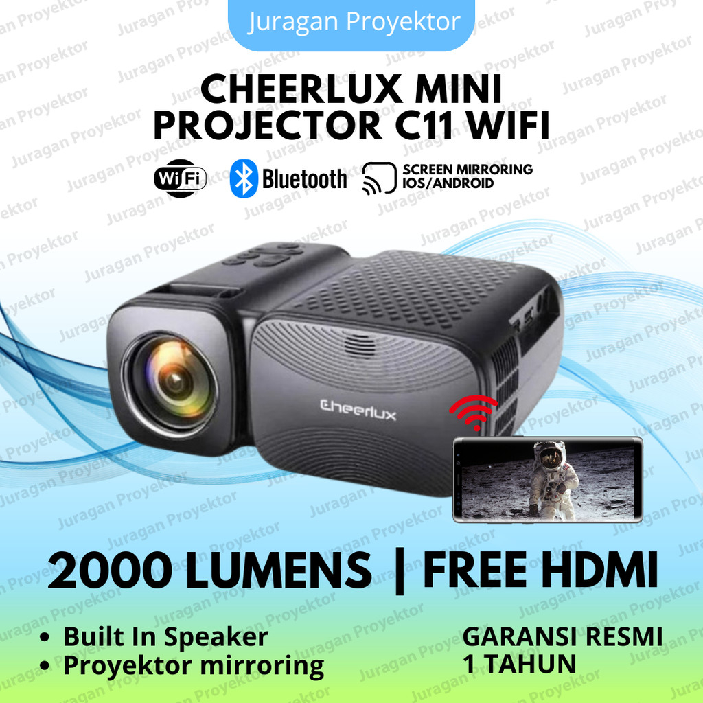 Proyektor CHEERLUX C11 WIFI 2000 Lumens | Proyektor Wifi Bluetooth Koneksi HP | Proyektor Screen Mir