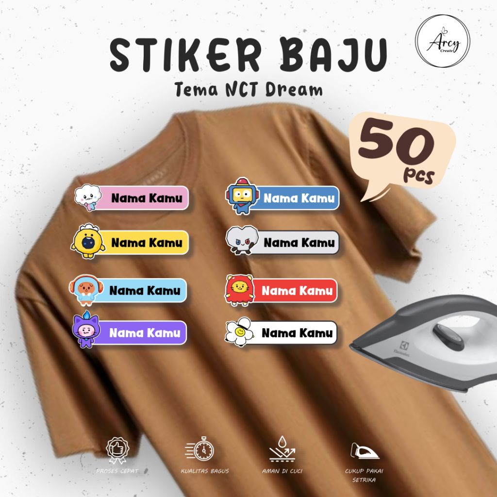

( 50pcs ) Custom Cetak Stiker Kain Label Nama baju DTF tema Kartun Sablon Setrika