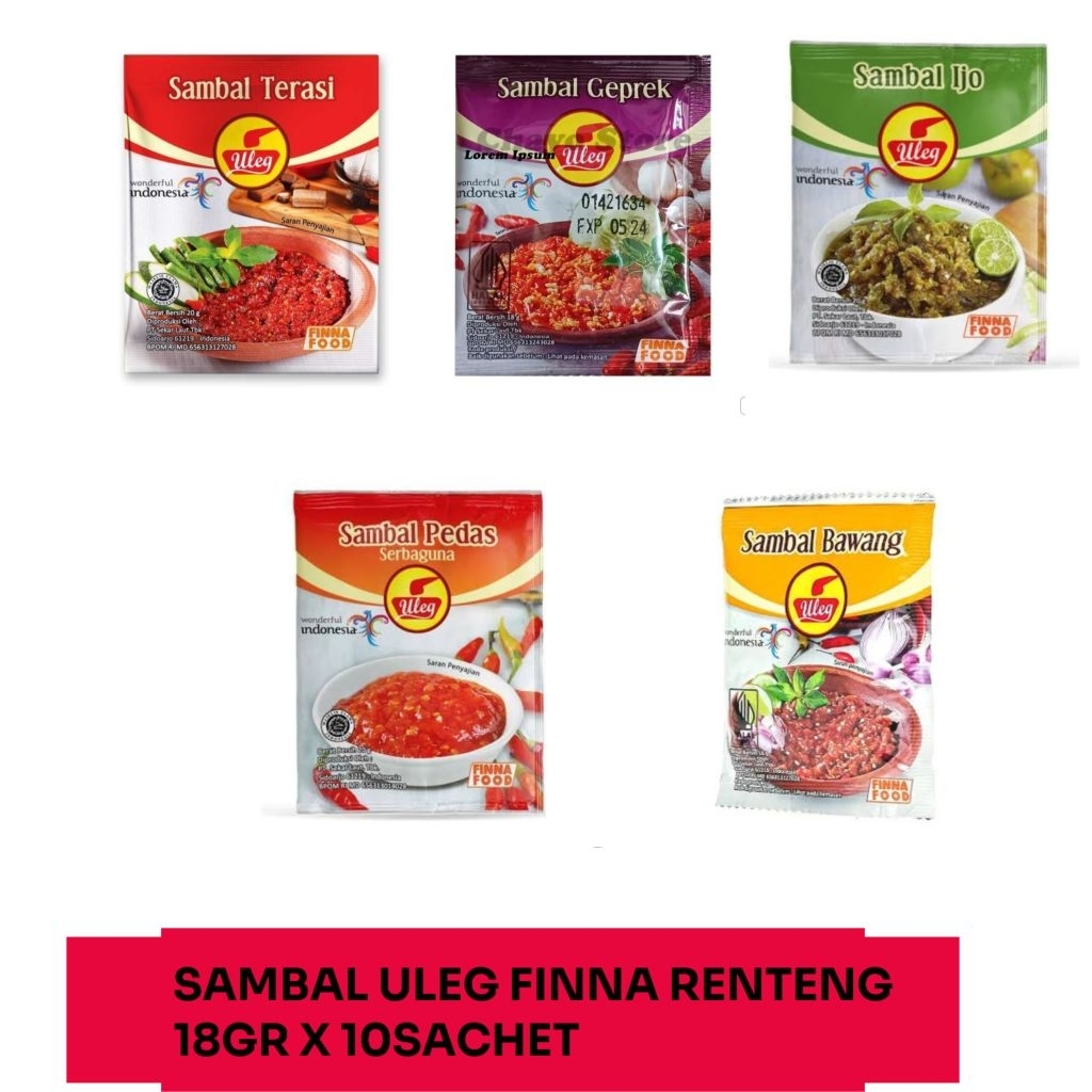 

SAMBAL ULEG FINNA Sambal Terasi/Sambal Geprek/Sambal Ijo/Sambal pedas/sambal bawang renteng (18gr x 10sachet)