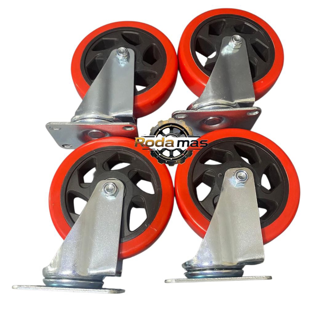 roda pu merah 5 inch set ( 4 pcs roda hidup ) roda troly 5in / roda etalase 5 in hidup