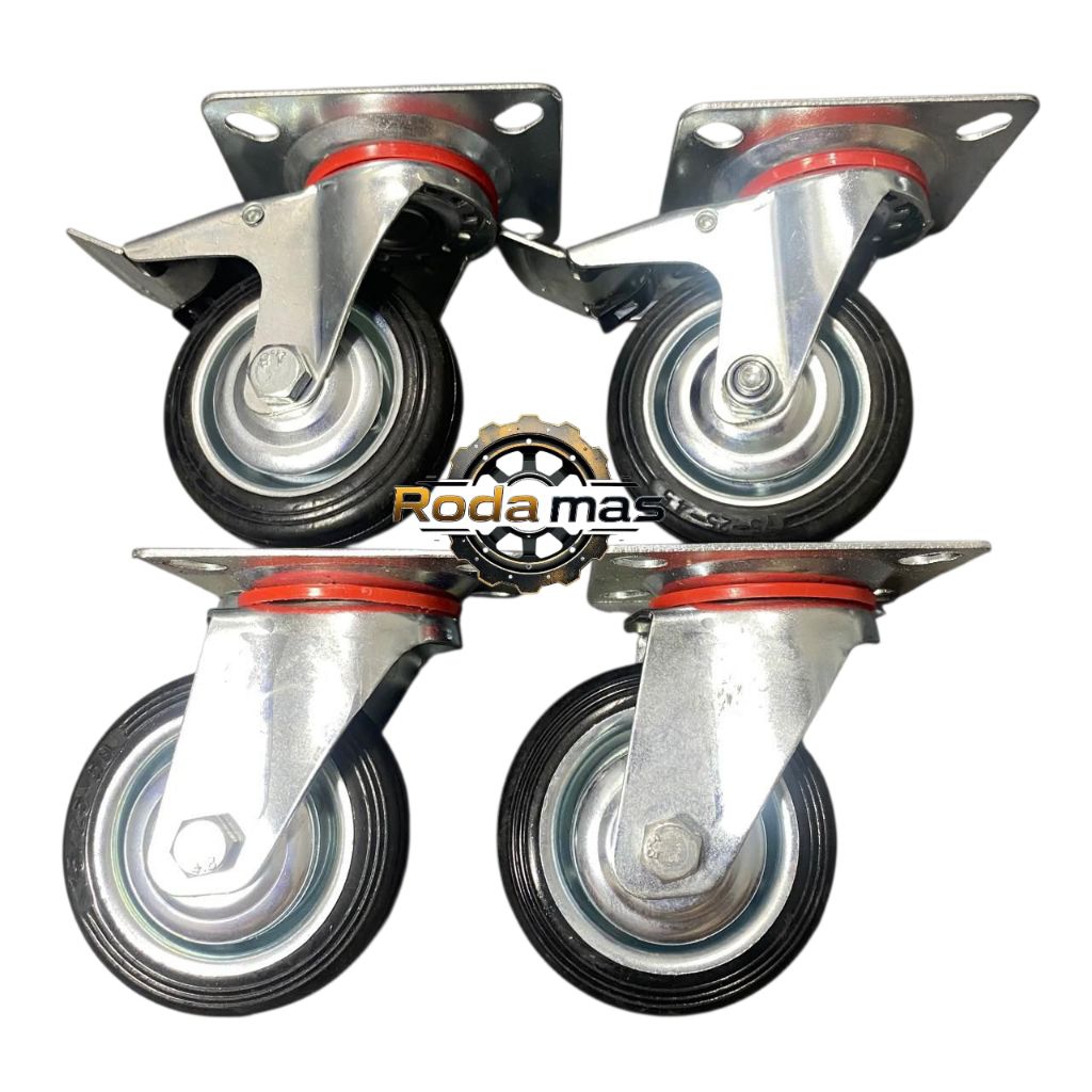 roda karet 6 inch 1 set ( 2 roda hidup + 2 roda rem ) roda troli karet 6in / roda 6 inch