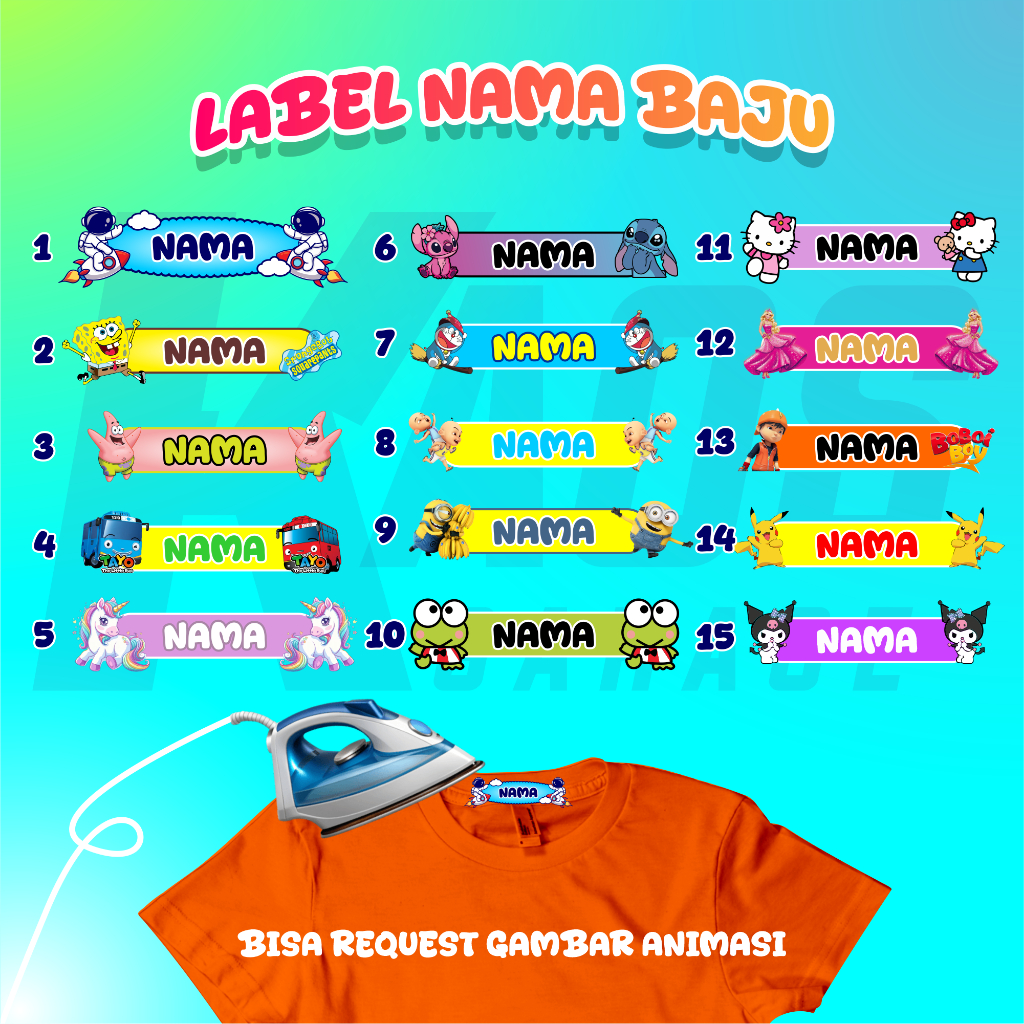 

50pcs Stiker Kain Kaos Baju Tahan Lama - Stiker Setrika Custom Nama & Karakter Lucu