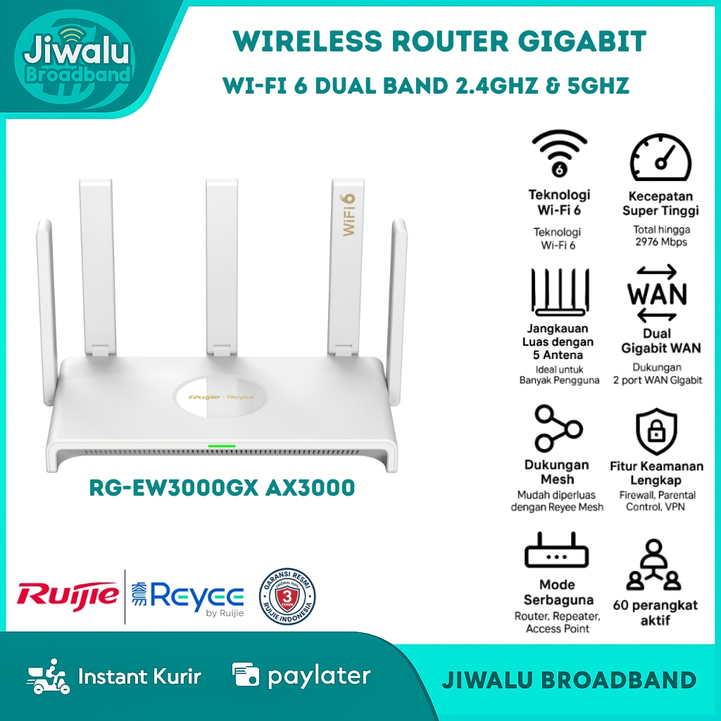 Ruijie Reyee RG-EW3000GX Wi-Fi 6 AX3000 Wireless Router Gigabit Dual band (2.4GHz & 5GHz)
