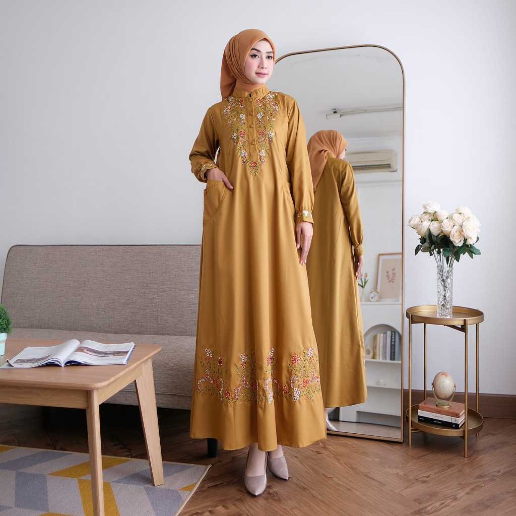 N2 fashion Gamis bordir balik timbal -bahan katun toyobo -- hitam - putih wanita muslim dewasa - M
