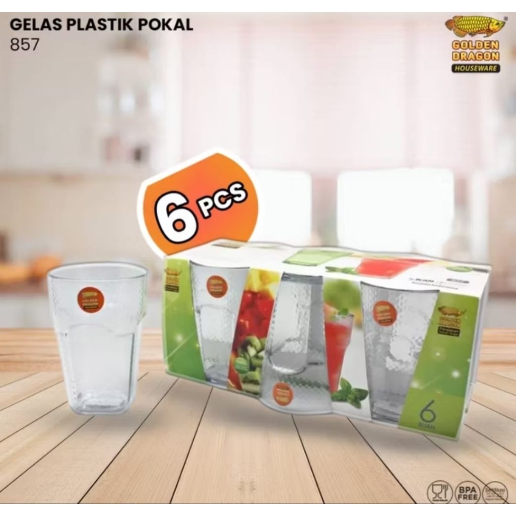 (6 PCS) Gelas Plastik Melamin Pokal Relief 360 Ml - Golden Dragon Melamine (857)