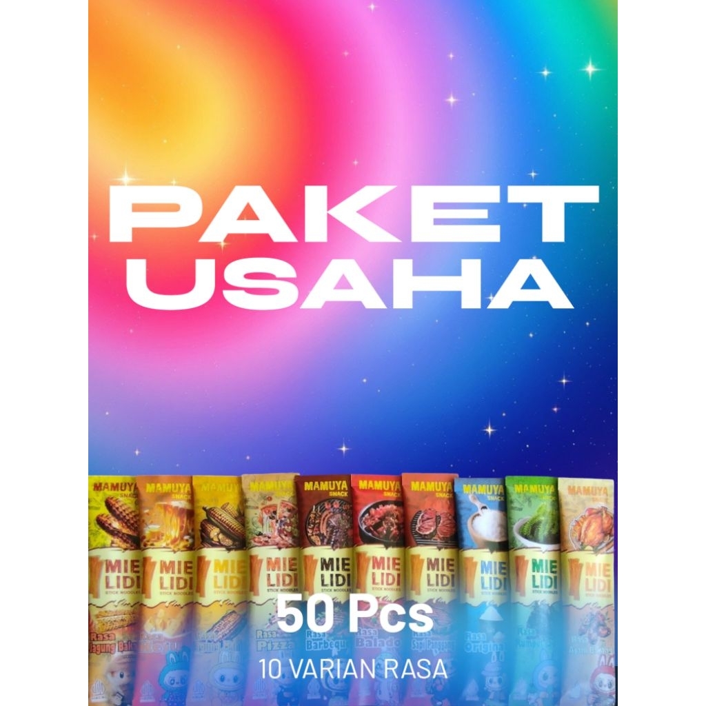 

Paket Usaha Mie Lidi Karakter isi 50 Pcs Mix 10 Varian Rasa, Mie Lidi Kekinian, Snack Viral