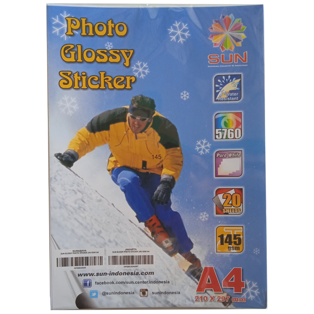

Kertas Sticker A4 Glossy 145gsm SUN Photo Sticker, 20 Sheets