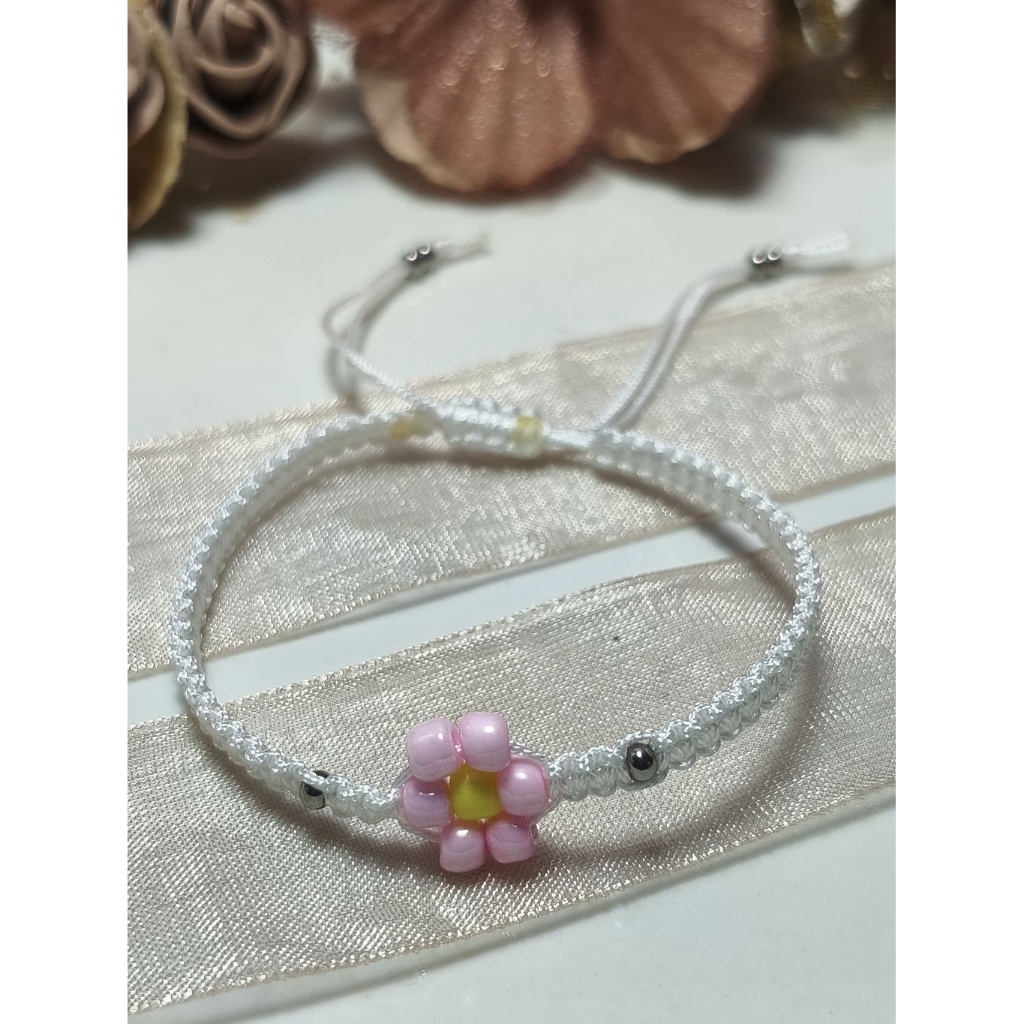 SAMKEST - GELANG BUNGA, GELANG TALI GIOK PUTIH BUNGA PINK, GELANG TALI JALIN GIOK, WHITE BRACELET FL