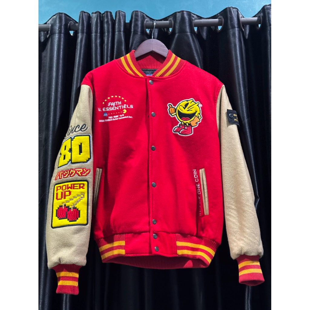 PRELOVED Power Pellet Varsity Jacket Faith Industries size S collab with Pacman - RED