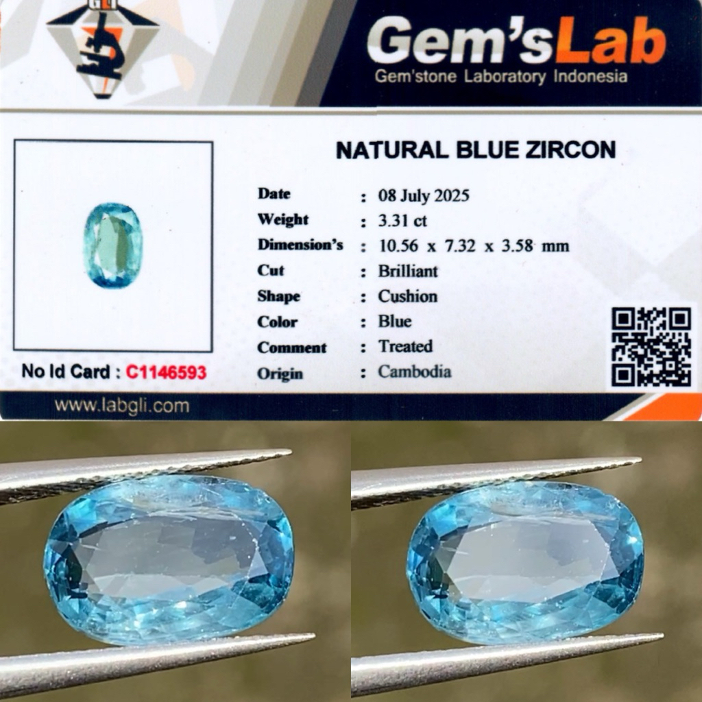 3,31 cts Natural Cambolite Blue Zircon origin Cambodia Memo GLI