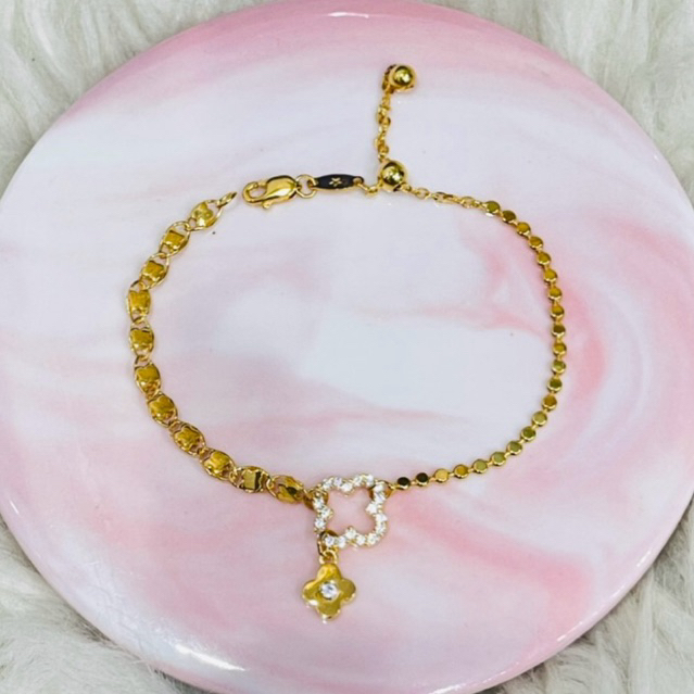 gelang bulat bulat bunga clover AD simple elegant emas asli kadar 700