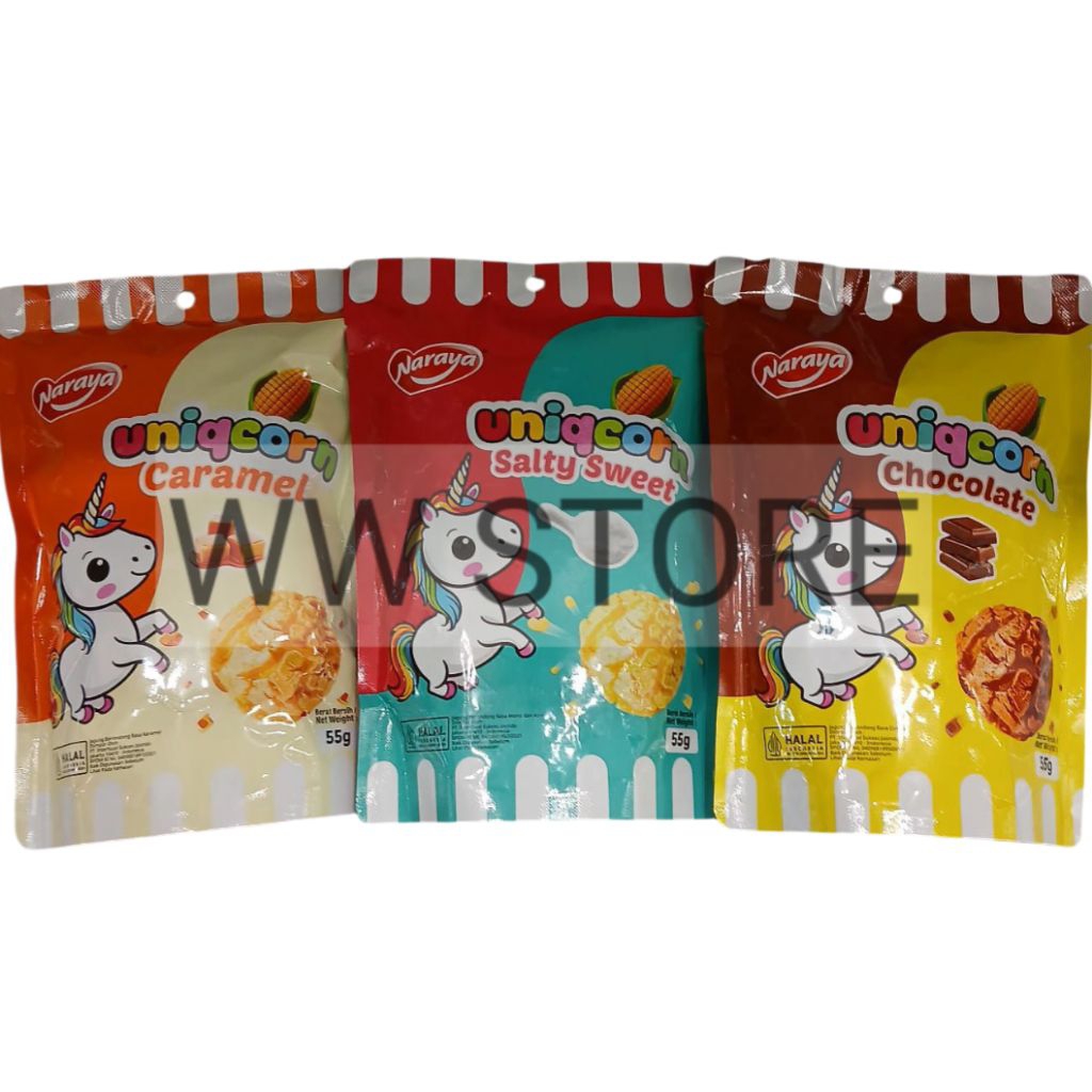 

Cemilan snek makanan ringan jagung berondong brondong rasa karamel coklat cokelat manis dan asin halal MUI Naraya uniqcorn Salty Sweet Caramel Chocolate popcorn snack 55g