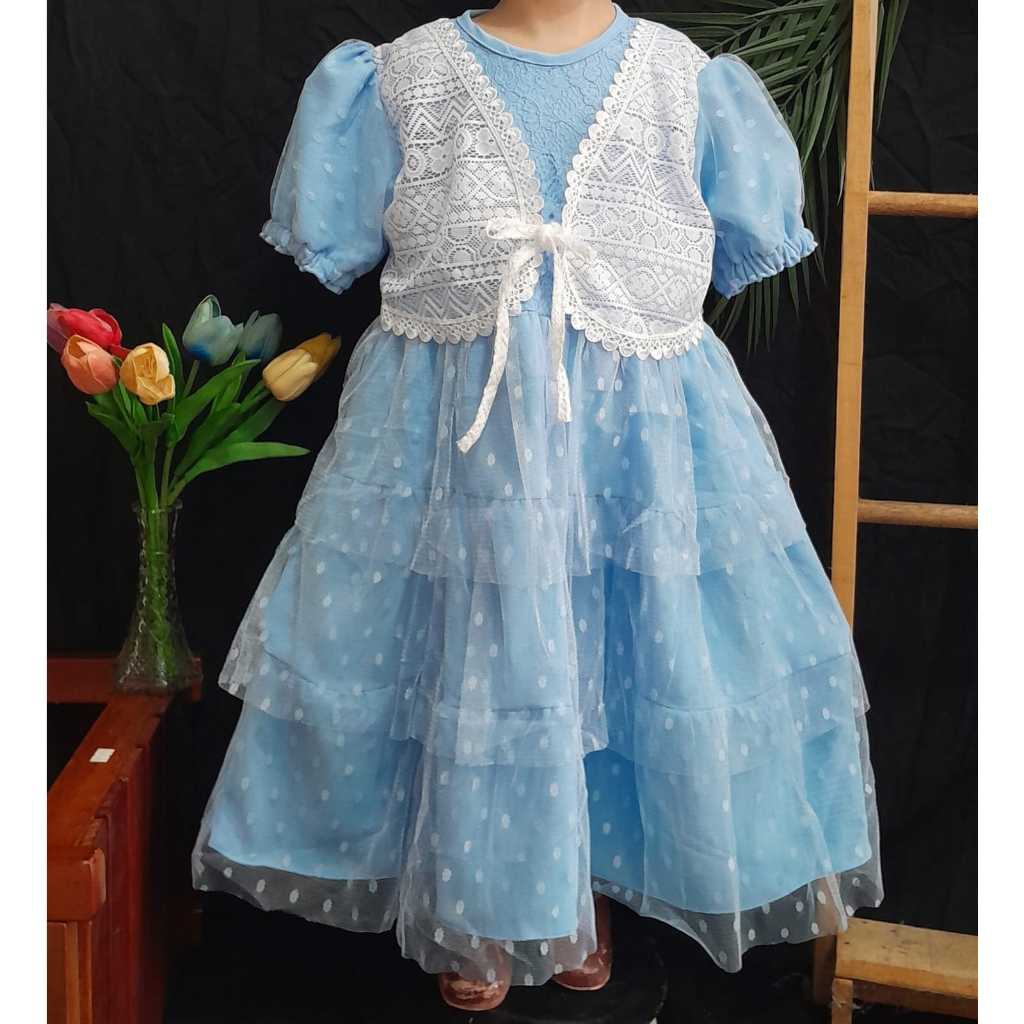 Dress Anak Perempuan Tutu Polkadot Tile Brukat Elegan – Gaun Pesta Anak Lengan Puff | Size 1-12 Tahu