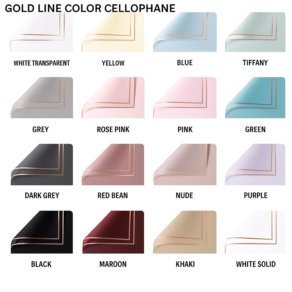 

Kertas Cellophane Gold Line|Kertas Buket Bunga Motif Garis Emas|Cellophane Waterproof | Banyak WarnaKertas Wrapping Buket Cellophane