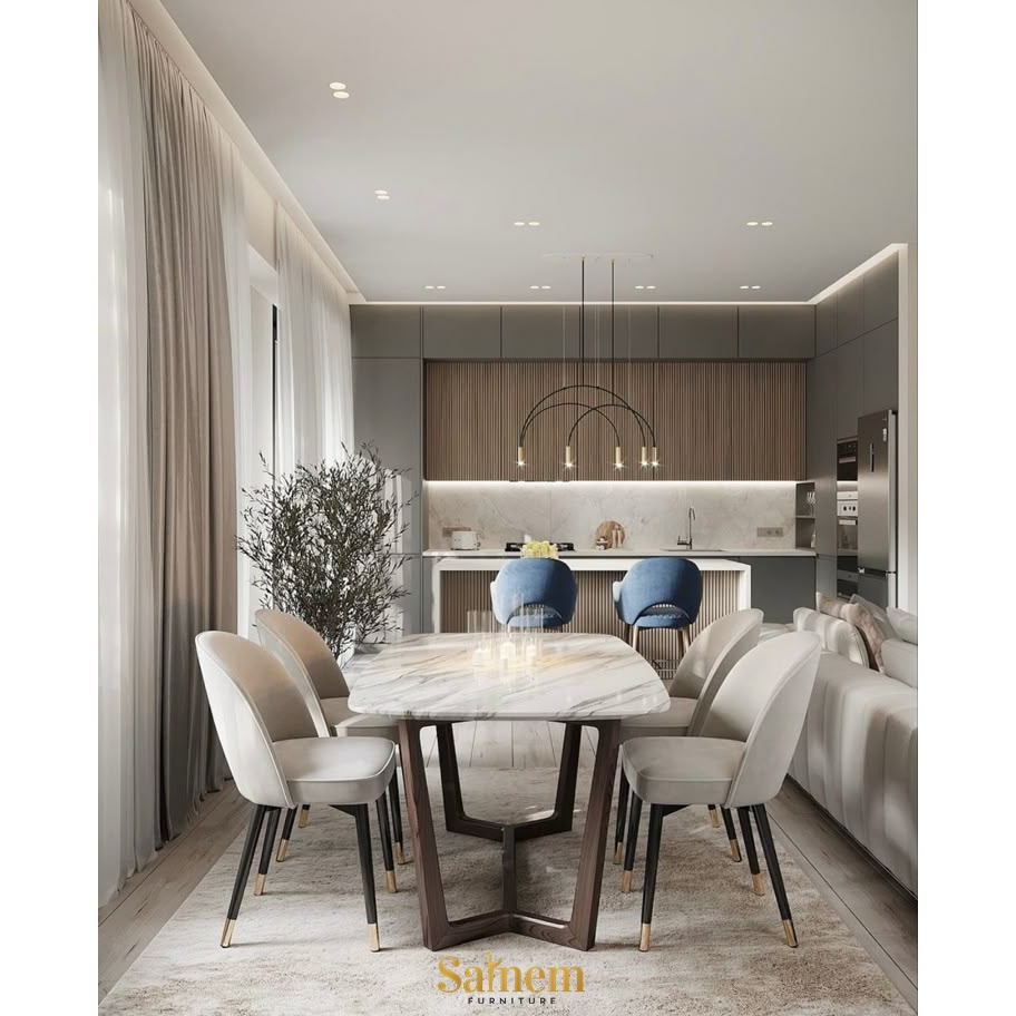 Meja Makan Marmer Kaki Kayu Jati 4 Kursi – Desain Estetik & Modern untuk Interior Luxury