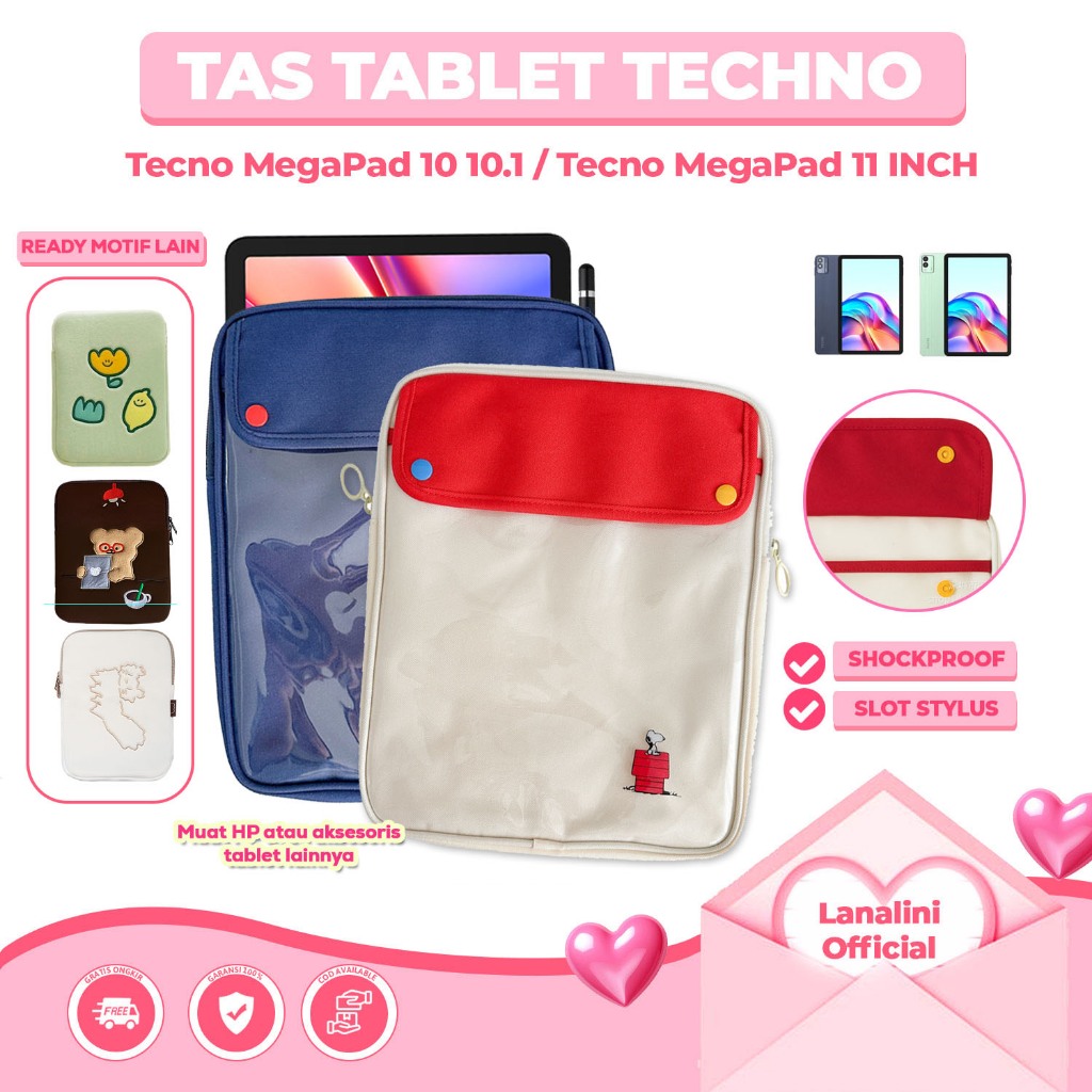 Sleeve Tablet IPad Universal Tas Travel Bag Material PVC Mika Transparan Model Lucu Kartun Snoopy Wa