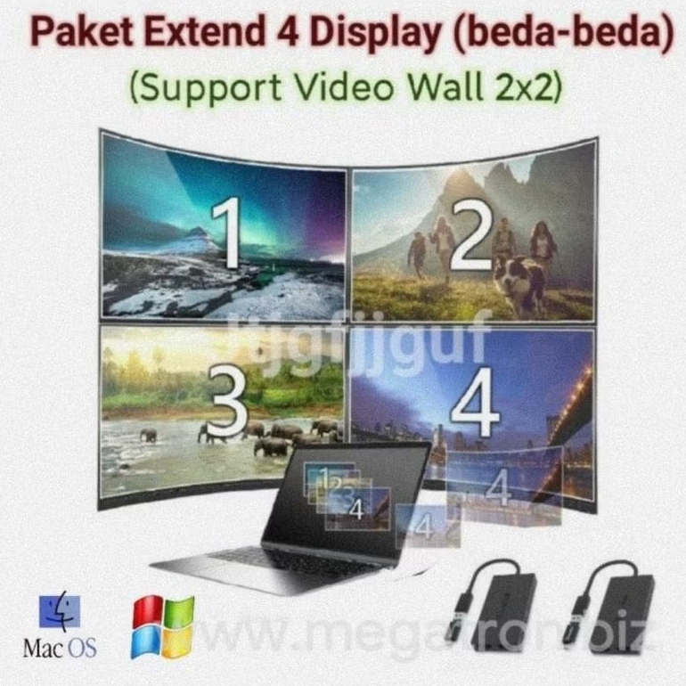 Paket Extend monitor 4 Display (tampil beda-beda) - support Windows & Mac OS