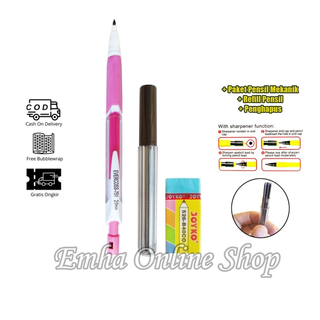 

Paket Mechanical Pencil Graphite Lead Automatic Refill Pensil Mekanik (2.0mm) Penghapus Stationery