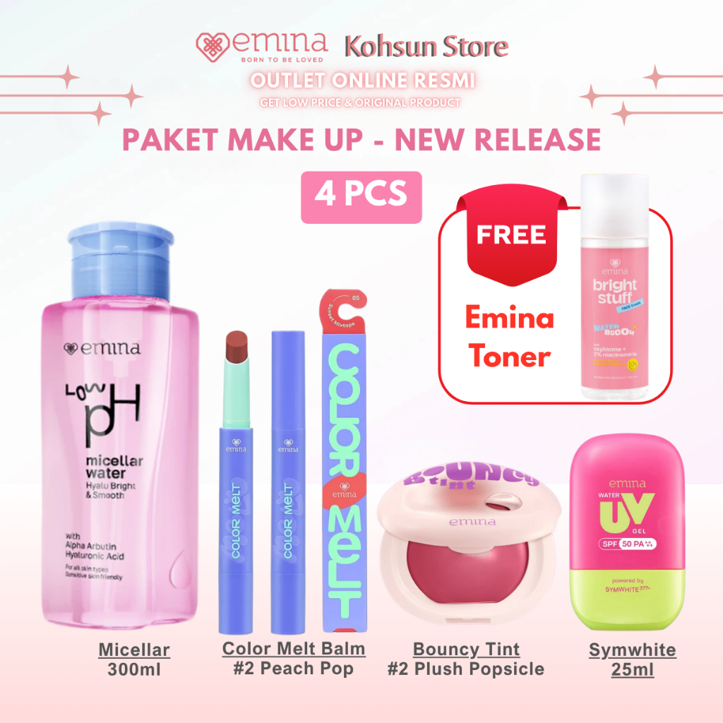 Emina Paket New Make Up 4in1 (Micellar Low PH Bright / Purity, Bouncy Tint, Sunscreen UV Gel Symwhit