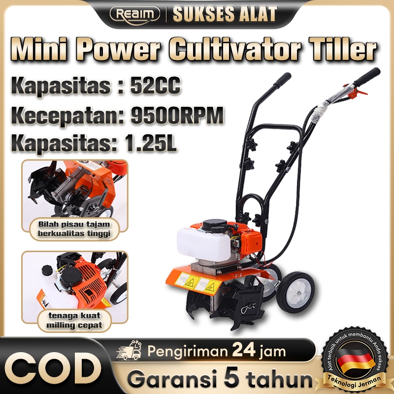 Reaim Mesin Traktor Sawah Bajak Mini Power Cultivator mini Tiller 52CC 2TAK Petrol Engine Rotary
