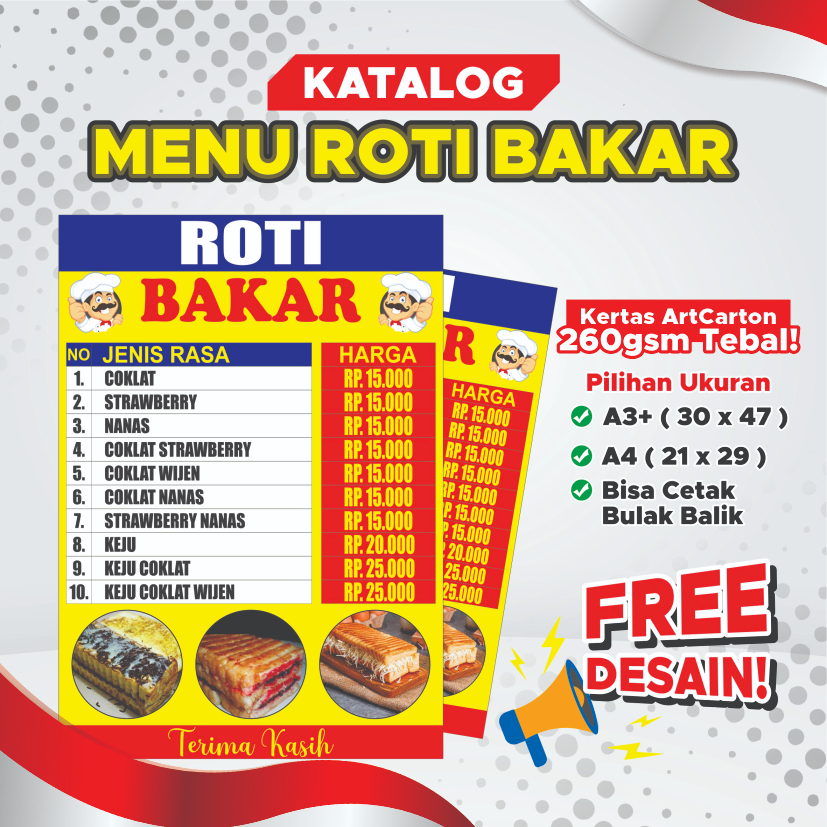 

Cetak Daftar Menu Roti Bakar | ArtCarton 260 gsm | Free Desain Template COD