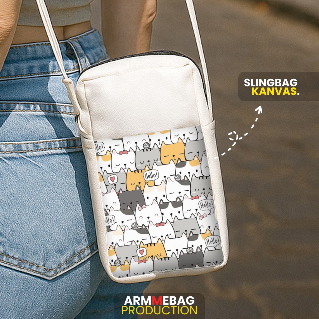 SLING BAG PHONE CAT BAHAN KANVAS UKURAN KECIL - TAS HANDPHONE / TAS WANITA
