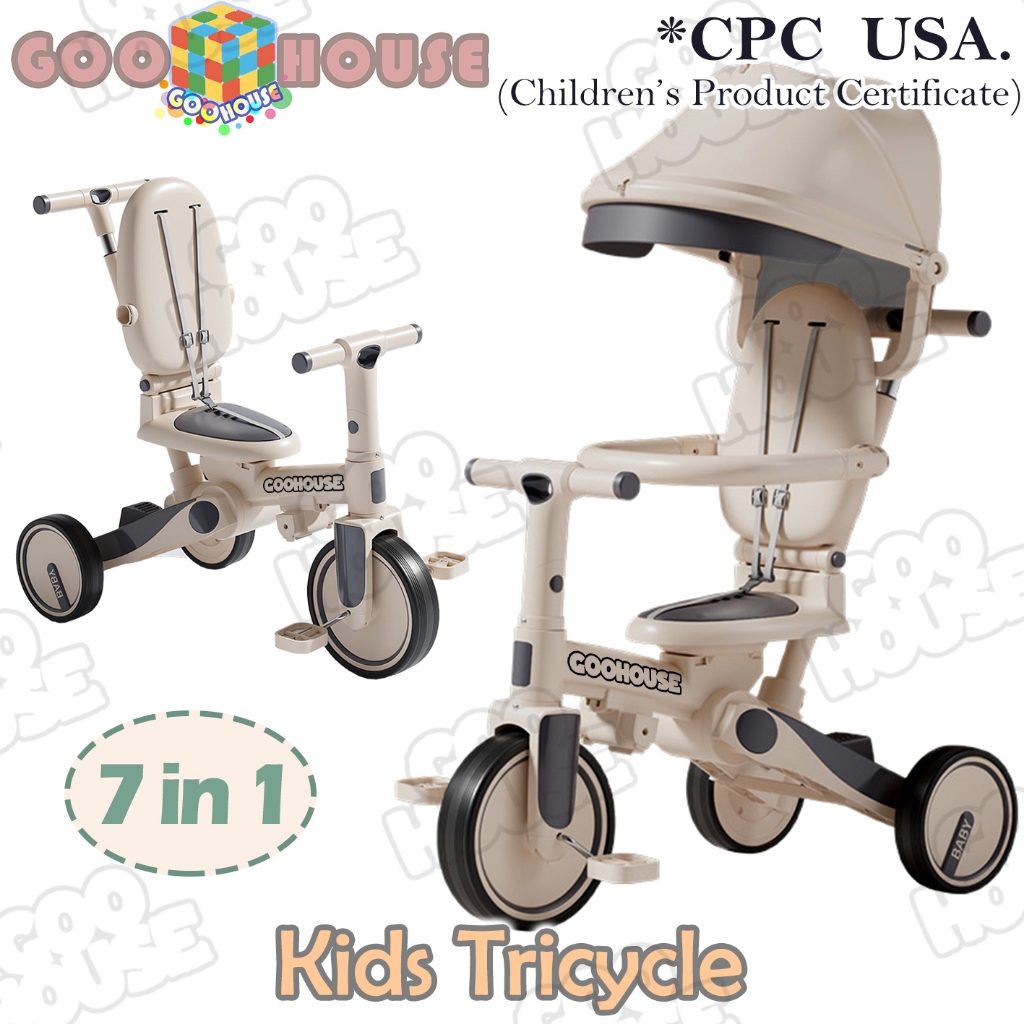 7 In 1 Sepeda Roda Tiga Bayi Dengan Pegangan Orang Tua Sepeda Dorong Balita Kereta Dorong