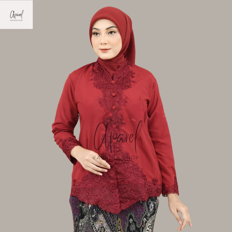 Kebaya Encim Merah Bordir Senada Lengan Panjang