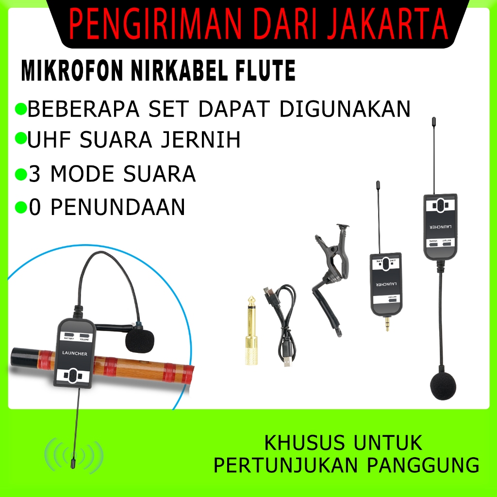 Launcher Mikrofon Nirkabel Flute UHF mic memiliki 3 mode suara dan memiliki jangkauan 50 meter, dan 