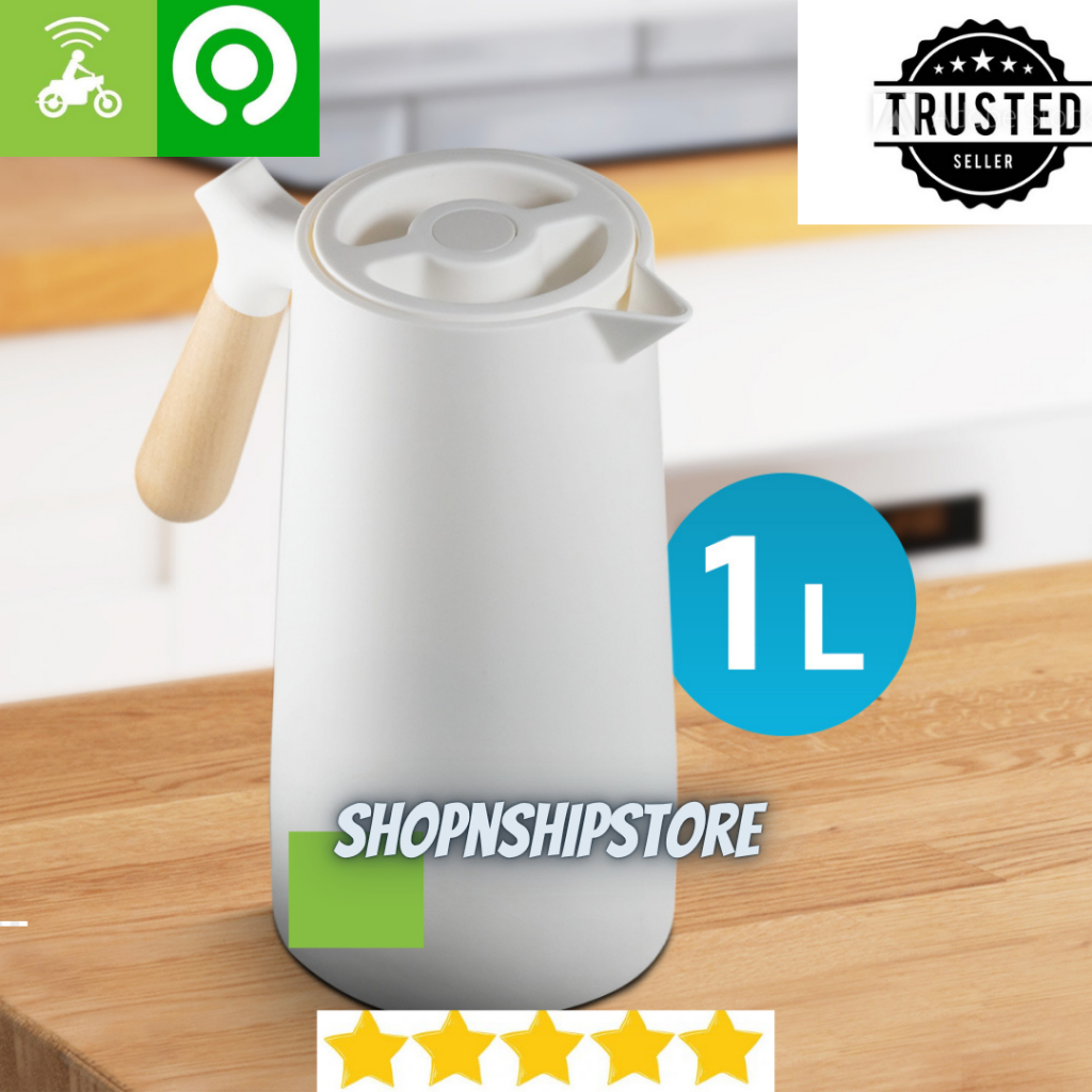 Termos Kaca Tahan Air Panas 24 Jam Aesthetic Gagang Kayu 1 Liter Pencet Teko Desain Pitcher Kopi Teh