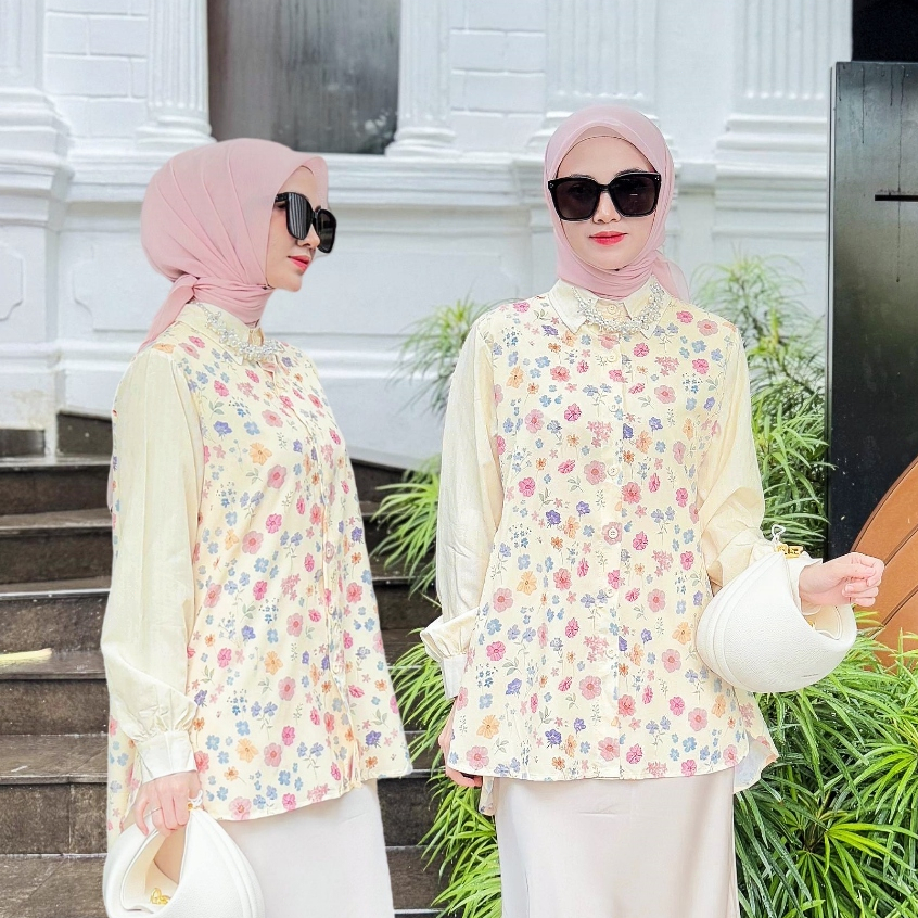 FANMU Blouse Atasan Kasual Wanita Lengan Panjang - Kemeja Kuning Motif Bunga Cantik