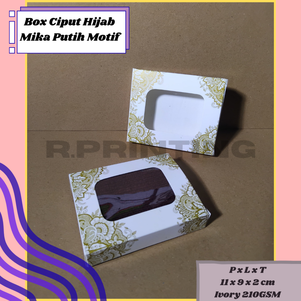 

Box Ciput Hijab Mika Mini/Box Souvenir Kotak Ivory Putih Motif 210GSM