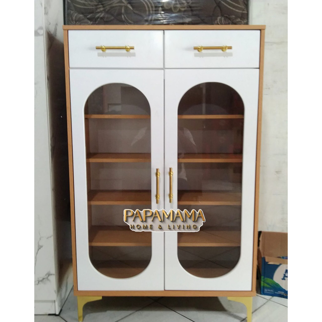 Lemari Sepatu MDF 2 Pintu Kaca 2 Laci - Rak Sepatu Minimalis Kaki Besi