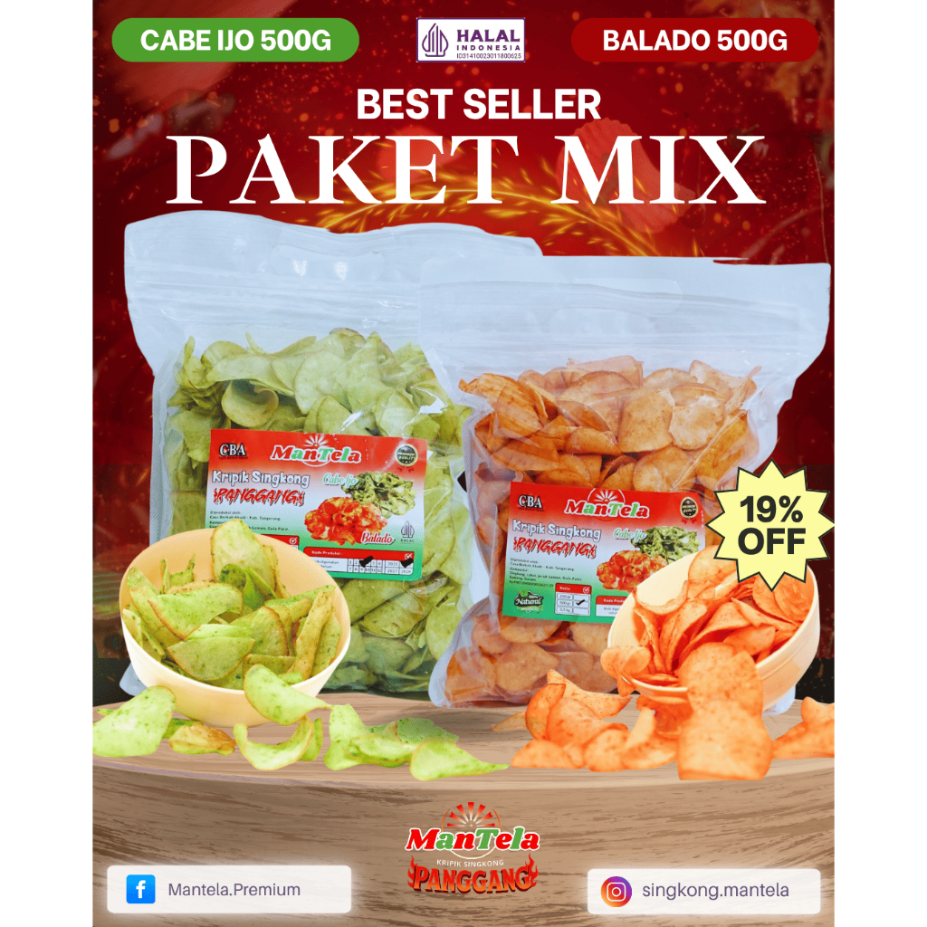 

Keripik Singkong Panggang Premium Mantela 500g - Paket Mix Balado & Cabe Ijo
