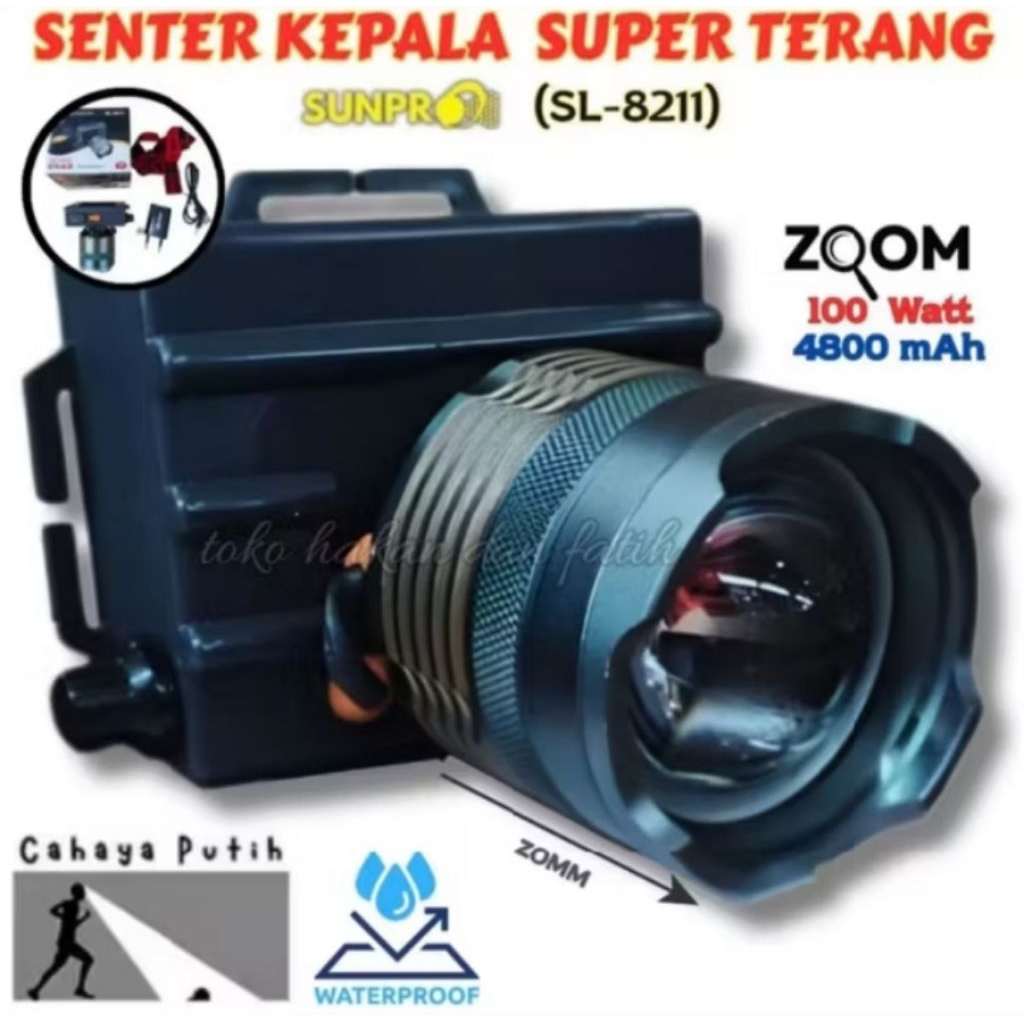 COD sl-8211 senter kepala zoom 100watt sunpro cahaya putih sorot 1000meter super terang