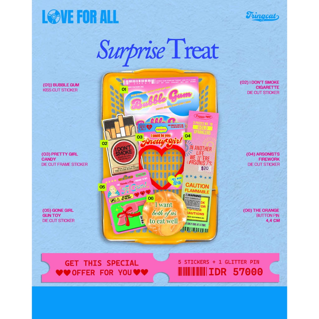 

TRINGCAT SURPRISE TREAT PACKAGE 5 STICKERS 1 GLITTER PIN 4,4 CM