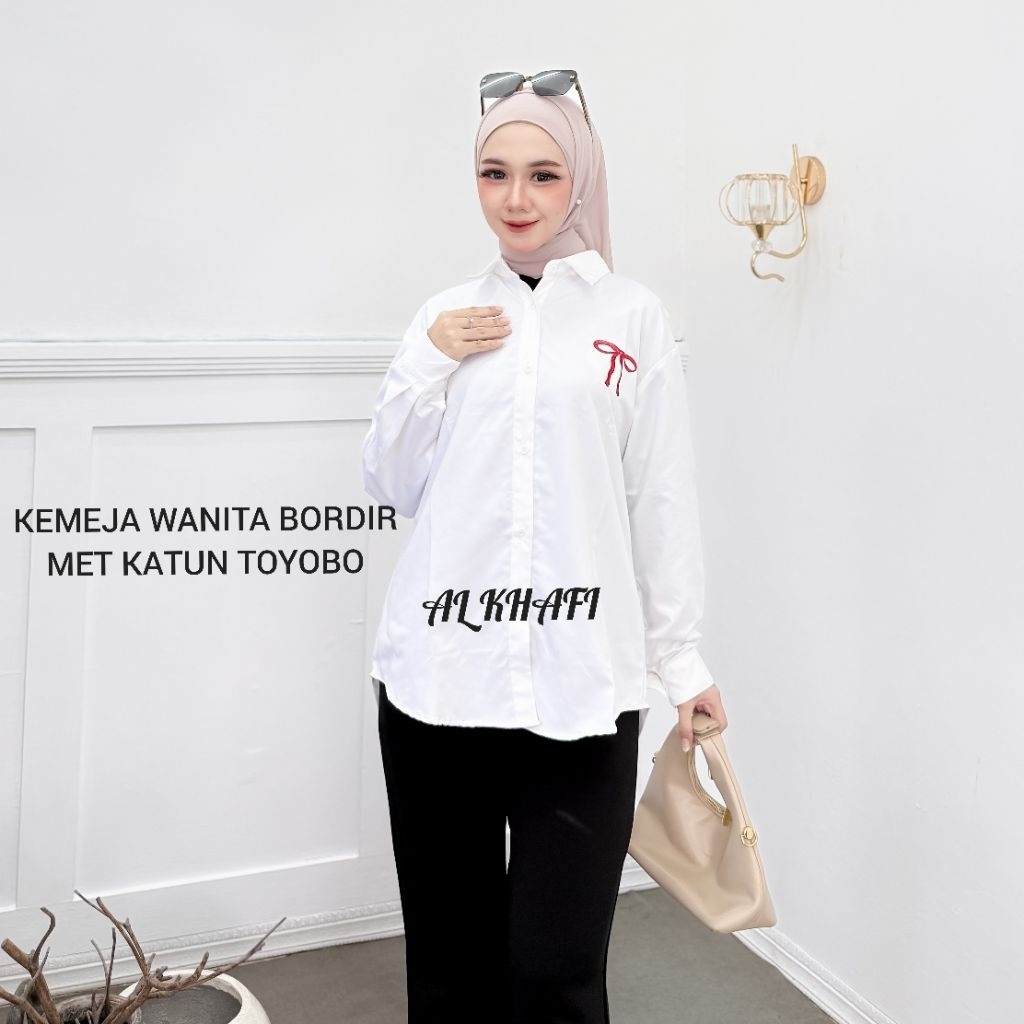 Kemeja Wanita Putih Ribboni PITA Bordir Lengan Panjang / Kemeja Wanita Putih bordir pita Lengan Panj