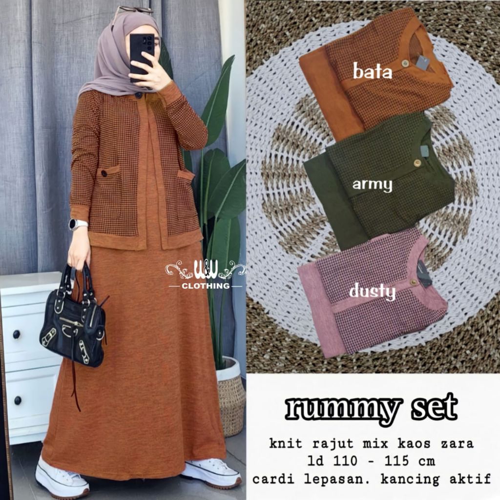 Rummy Set setelan outer cardy lepasan dan inner dress kutung Knit Rajut Mix Kaos Zara Premium outfit