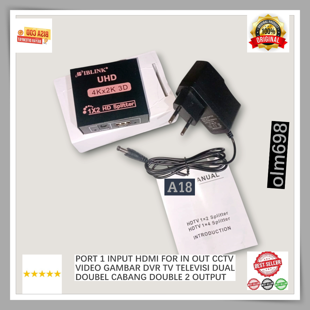 A18 PORT 1 INPUT HDMI FOR IN OUT CCTV VIDEO GAMBAR DVR TV  SPLITTER TELEVISI DUAL DOUBEL CABANG ORI 