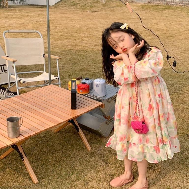 Dress Anak Perempuan Gaun  Pesta Outdoor Dress Panjang Motif Flower Bunga Korean Style