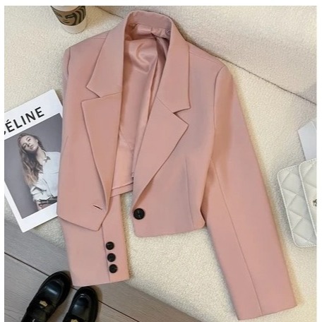 Crop Blazer Wanita Pink & Navy - Stylish Jas Cropped