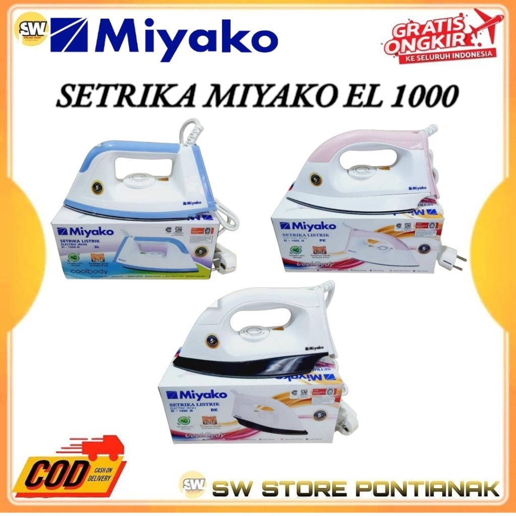 SETRIKA MIYAKO EL1000 M ANTI LENGKET DRY IRON BIRU PINK PUTIH / SETRIKA LISTRIK MIYAKO