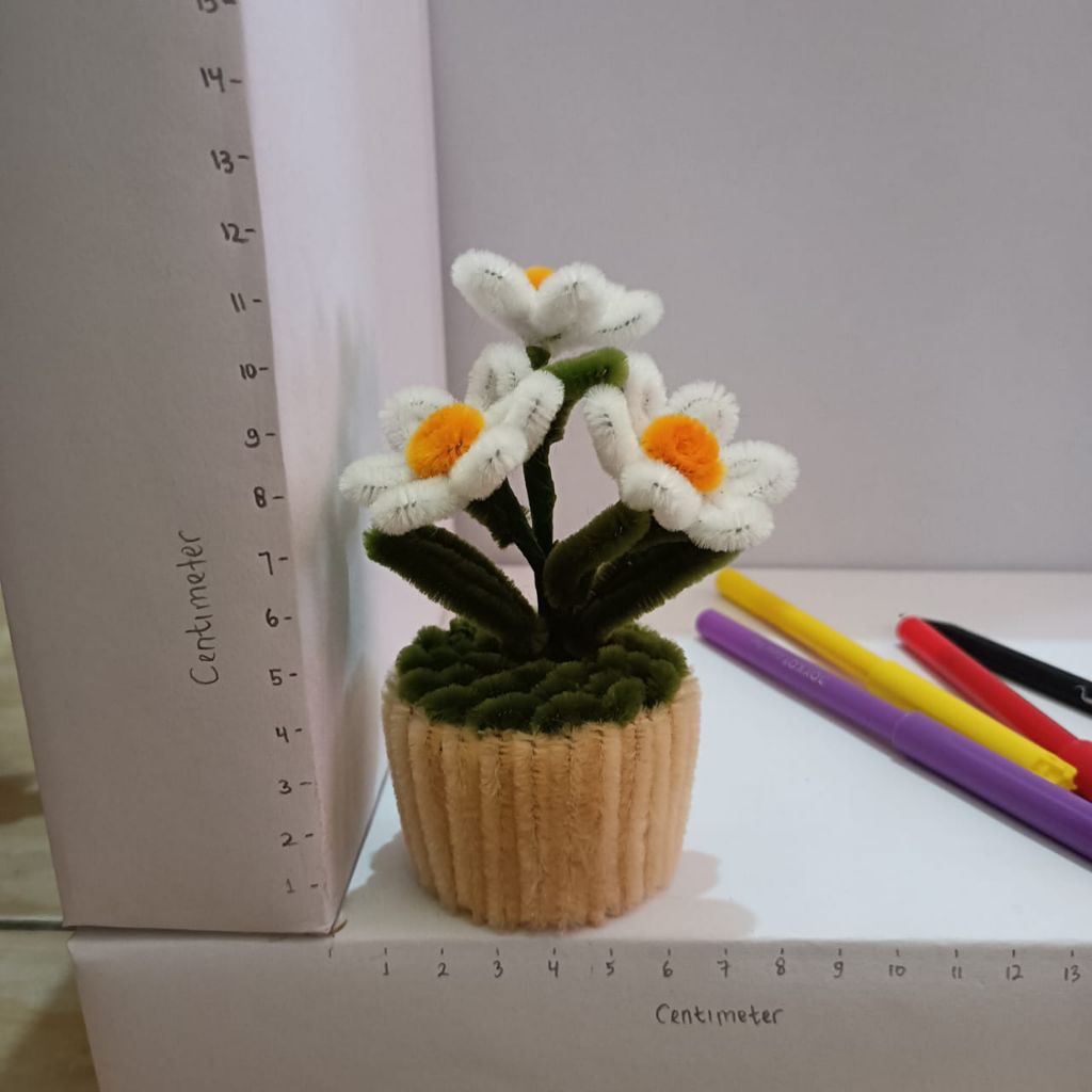 Pot bunga dari kawat bulu "Daisy putih 3 tangkai"