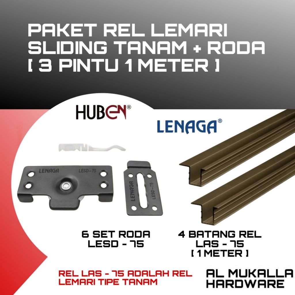 [ 3 Pintu + 1 Meter ] Paket Rel Lemari Sliding Tanam 3 Pintu 1 Meter Rel LAS - 75 Lenaga Lengkap Den