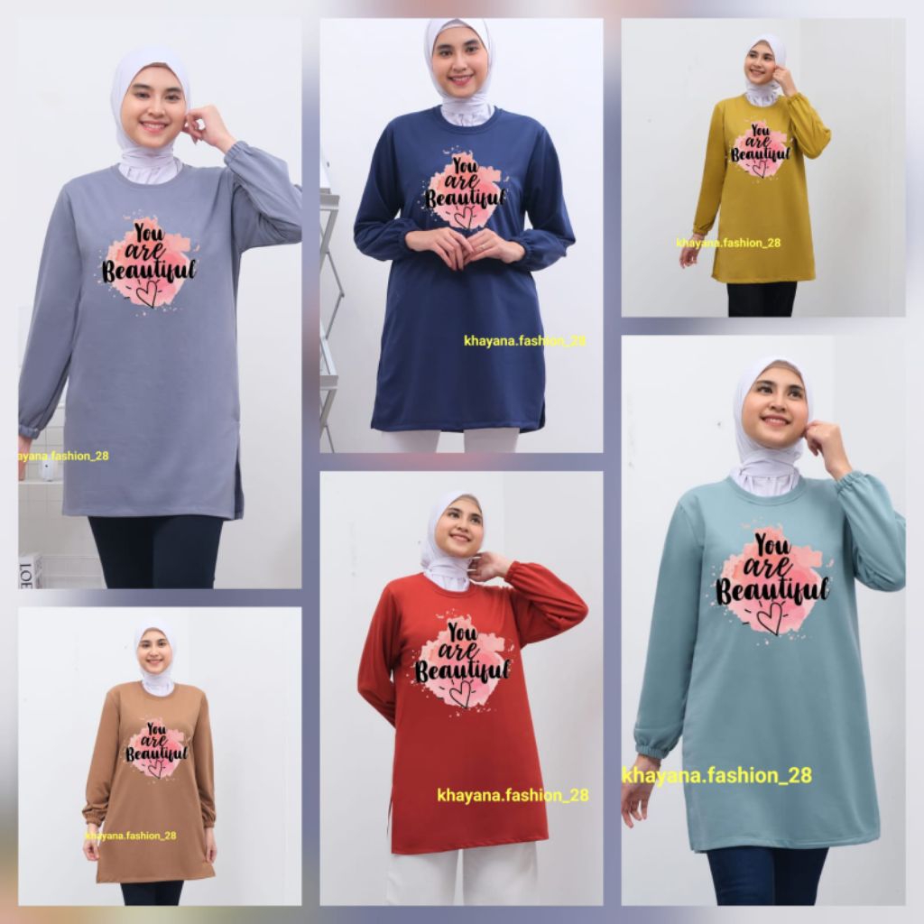 kaos tunik wanita dewasa lengan panjang karet ujung tunik wanita