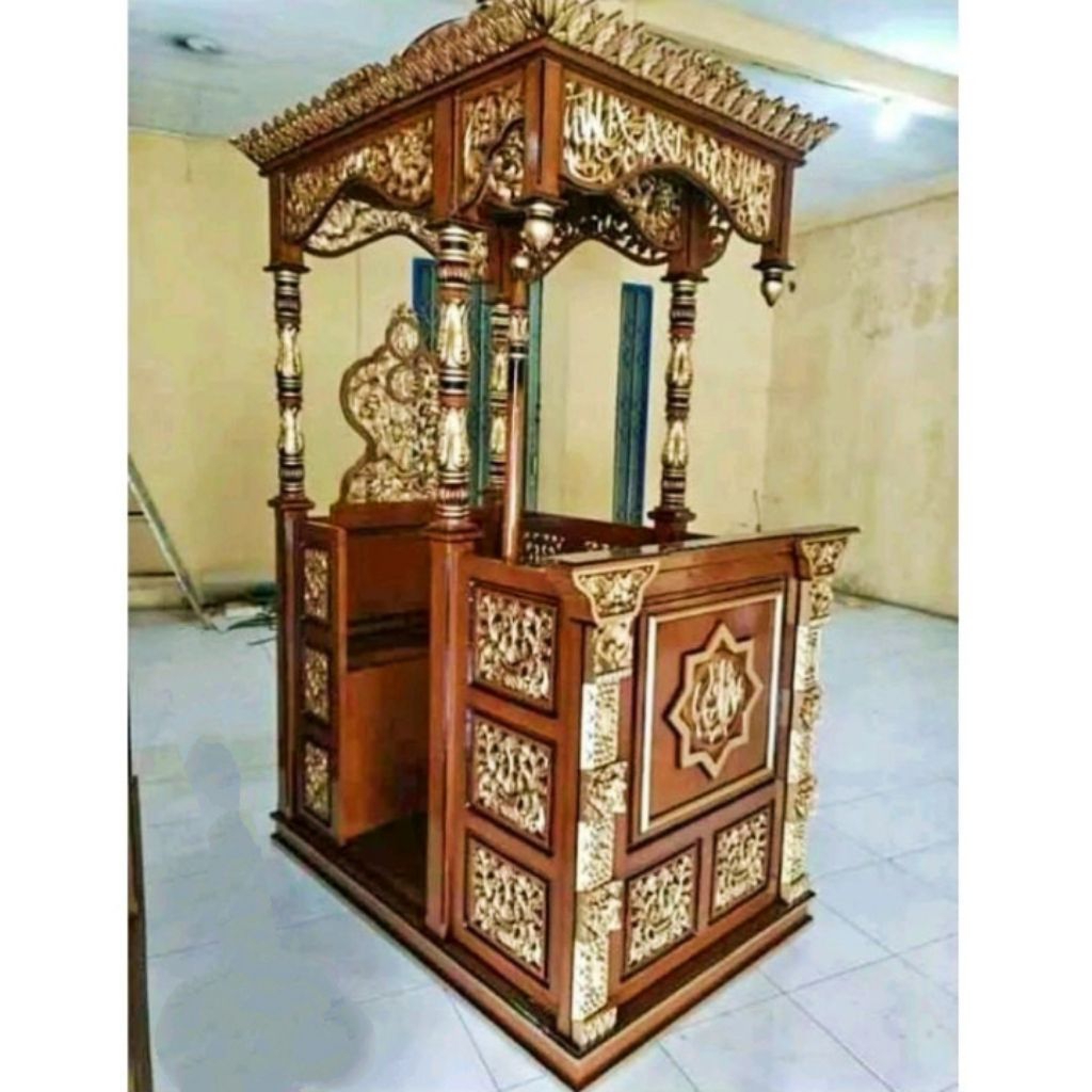 Mimbar masjid kubah gebyok ukir + nama masjid dan tongkat kayu jati
