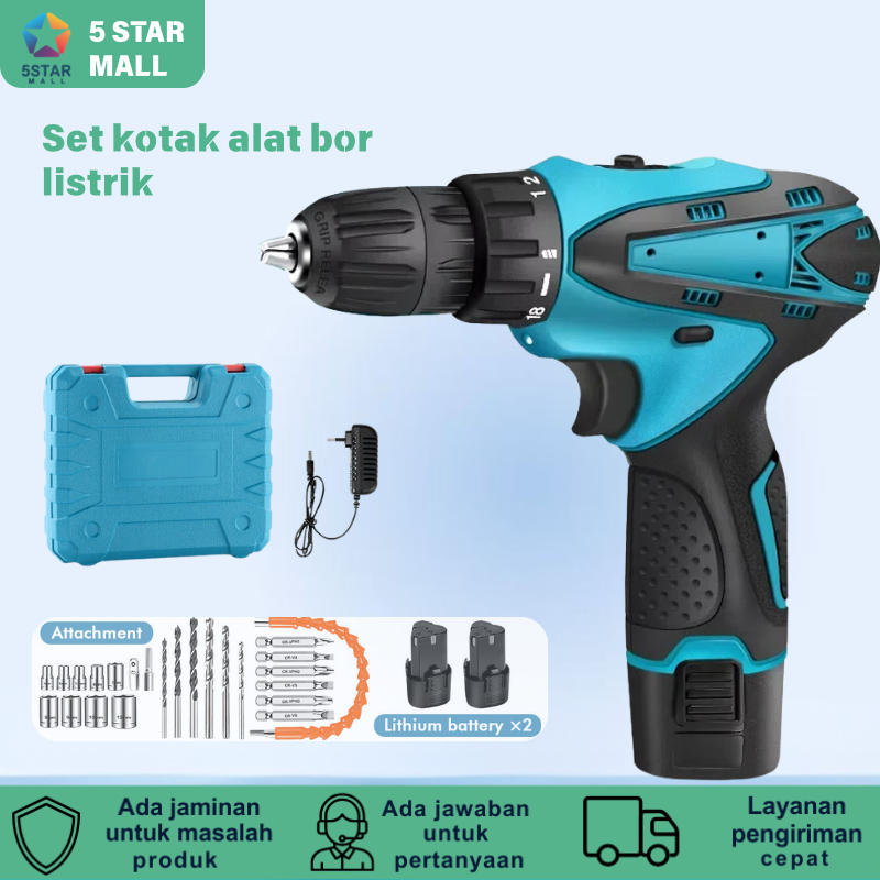 Bor Baterai Mesin Bor Listrik Tanpa Kabel Impact Drill Cordless Drill Koper 2 Baterai