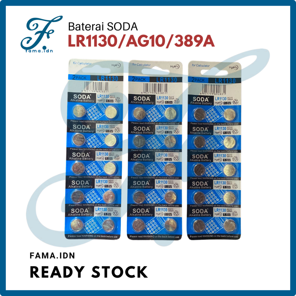 Baterai Kancing SODA Bulat LR1130 AG10 Battery 389 SR54 LR54 SR1130W GP189