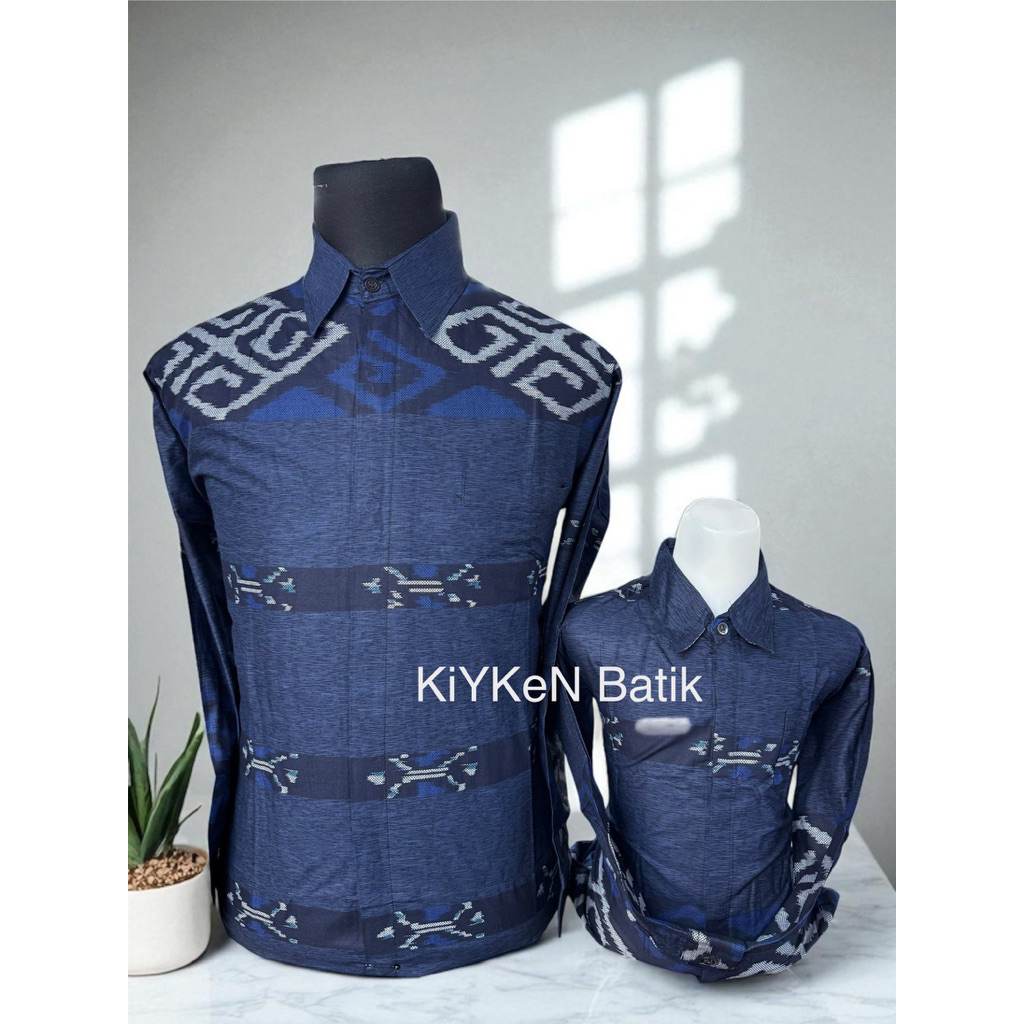 TENUN BIRU DONGKER,Batik couple ayah anak lengan panjang lapisan furing warna biru navy,biru dongker